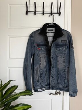 Diesel Washed Denim Jacket with Black Sherpa Collar